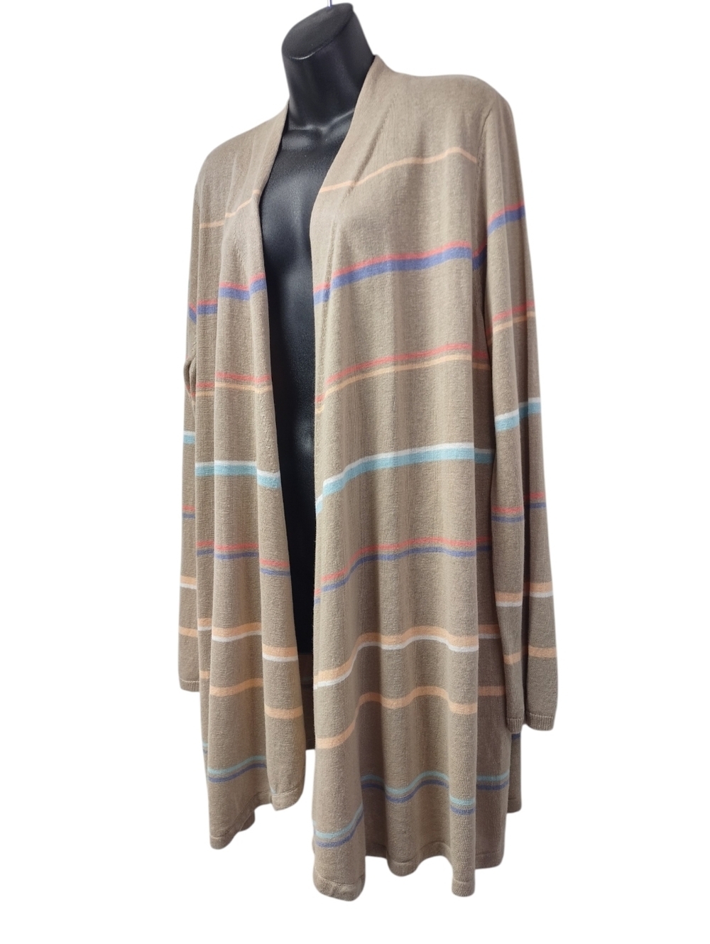 J. Jill Beige Striped Open Front Long Knit Sweater Cardigan Lightweight Sz L NWT - Picture 3 of 6